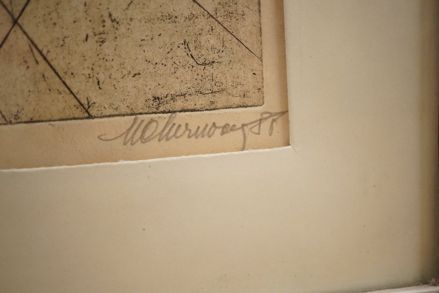 Marcel Chirnooga (Romanian), Muses, signed in pencil, indistinctly dated and inscribed, etching, 40 x 25cm